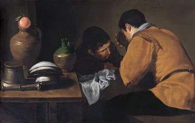 Kaksi nuorta miestä syömässä vaatimattomassa pöydässä n. 1618-20 (öljy kankaalle)