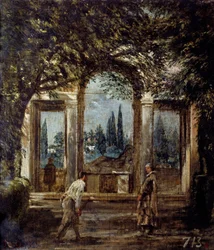 Villa Medicis Roomassa, Kleopatra-paviljonki tai "Arianen paviljonki". Näkymä Villa Mediciksen puutarhaan Roomassa. Diego Rodriguez de Silvan ja Velasquezin (1599-1660) maalaus