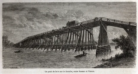 Puinen silta Tonavan yli Passaun ja Wienin välillä, Lancelotin piirros havainnollistamaan Victor Duruyn matkaa Pariisista Bukarestiin vuonna 1860. Kaiverrus kirjaan "" Le tour du monde", toimittanut Edouard Charton