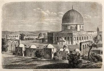 Omarin moskeija, rakennettu vuonna 691 Jerusalemiin, Lancelotin piirros havainnollistamaan herra Bidan matkaa Palestiinaan vuonna 1856. Kaiverrus "" Le tour du monde, nouveau journal des voyages" Paris