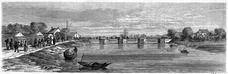 Näkymä sillalta Suzhou-joen yli Shanghain lähellä vuonna 1860, Kiina. Kaiverrus Lancelot, "" Le Tour du Monde, Nouveau Journal des Voyages", toimittanut Edouard Charton, Paris