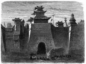 Pekinin seinät ja portti (Peking), Kiina. Kaiverrus Lancelot, "" Le Tour du Monde, Nouveau Journal des Voyages", toimittanut Edouard Charton, Paris