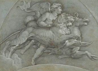 Siivekäs putto ratsastaa merihevosella ja leijonalla Rafaelin perässä, verso..., 1574.