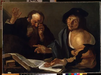 """"Herakleitos ja Demokritos"" Kreikkalaiset filosofit Herakleitos Efesolainen (Herakleitos) (535-475 eKr.) ja Demokritos (Demokritos) (460-370 eKr.). Theodore van Baburenin (Dirk Baburen) maalaus (1570/90-1623/4) 1600-luvun Mikalon taidemuseo