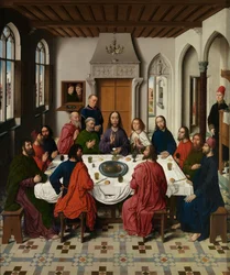 Yksityiskohta viimeisen ehtoollisen triptyykistä, pyhän sakramentin alttaritaulusta, n. 1464-68 (öljy paneelille)