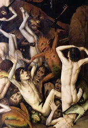 Helvetti, yksityiskohta demonista lyömässä kadotettuja, n. 1450