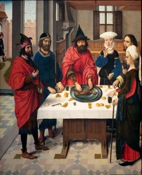 Seurakuntakirkko (Parochiekerk Sint-Pieter). Maalaus. Viimeinen ehtoollinen. Dirk Bouts. 1464-1468. Yksityiskohta. Vasen paneeli.