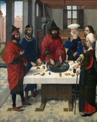 Siunatun Sakramentin alttaritaulu: Yksityiskohta vasemmasta paneelista, joka edustaa juutalaista pääsiäistä. Dirck (Dieric, Dirk) Bouts le Vieux (vanhin) maalaus puulle (1410-1475)