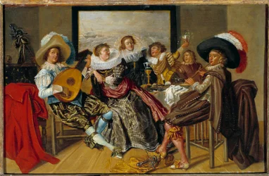 Gallant Meeting Muusikot ja nuoret naiset soittamassa musiikkia ja nostamassa lasiaan juhlissa. Dirk Halsin (1591-1656) maalaus 1625 Sun. 0,3x0,46 m