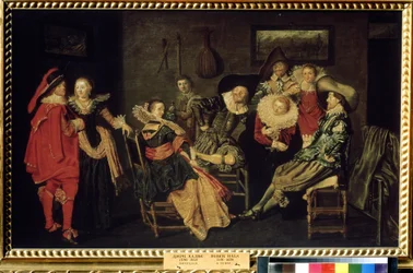 ""The Merry Company"" (The Merry Company) Juhla varakkaassa hollantilaisessa asunnossa, tyylikkäästi pukeutuneiden porvarien pöytä. Dirck Halsin (1591-1656) maalaus 1600-luvulta Koko 41x66 cm Pushkin-museo, Moskova