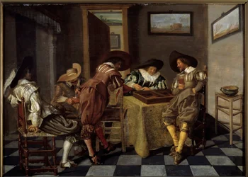 tric tracin osa (tri-trac: vanha Backgammon-peli). Dirk Halsin (1591-1656) maalaus, noin 1615-1625. Öljy puulle. Koko: 0,38 x 0,53 m. Lille, Musee Des Beaux Arts - Tic-trac-pelaajat ("Trictrac: ikivanha Backgammon-peli). Dirk Halsin maalaus (159