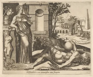 Kärsivällisyys onnen voittajana julkaisusta Six Sayings about Fortune, ca. 1560.