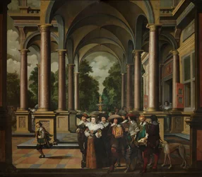 Galleria palatsista, jossa on koristearkkitehtuuria ja pylväitä Seitsemänosainen koristeellinen sekvenssi: Galleria