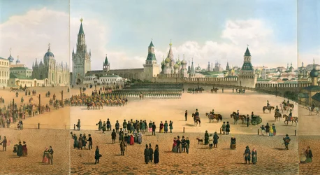 Pyhän Basilin katedraali Kremlistä katsottuna Moskovan panoraamakuvasta, kaiverrettu Philippe Benoist 1813-1905 ja Aubrun, julkaissut Lemercier, n. 1840, litografia 105095:stä