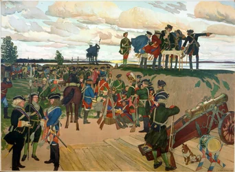 Pietari I Suuren (1672-1725) perustama Pietarin linnoitus 1700-luvulla. (Pietarin linnoituksen perustaminen). Dmitri Nikolajevitš Kardovskin (Kardovski) (1866-1943) teos, litografia