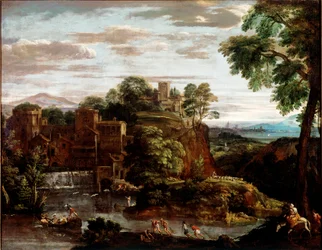 Lennon maisema Egyptissä Domenico Zampierin maalaus dit Il Domenichino (1581-1641) 1620 noin. Aurinko. 165x202 cm Pariisi, Musee du Louvre - Maisema lento Egyptiin, kirjoittanut Domenico Zampieri alias Il Domenichino (1581-1641). Öljy kankaalle