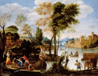 Italialainen jokimaisema, jossa on veneilijä ja nainen rapujen kanssa, n. 1604-05