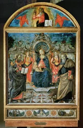 Madonna valtaistuimella, Jeesus-lapsi, kaksi enkeliä ja pyhät Bartolomeus ja Anthony Abbas ...