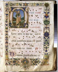 Ms 540 f.3r Sivu, jossa on historiallisella alkukirjaimella "M", joka kuvaa Pyhää Andreasta, kuorokirjasta San Marco e Cenacoli (vellum)