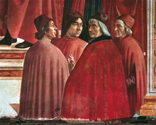 Tarinat Neitsyt Mariasta: Ilmoitus Zacharialle, yksityiskohta Cristoforo Landinosta, Angelo Polizianosta ja Marsilio Ficinosta, n. 1485-1490 (tuore)