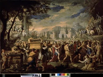""Daavid kantaa liitonarkin Jerusalemiin"" (Kuningas Daavid kantamassa liitonarkin Jerusalemiin) Pyhän liitonarkin kantaminen Jerusalemiin, kun kuningas Daavid soittaa psaltteria. Domenico Gargiulon (1609-1675) maalaus