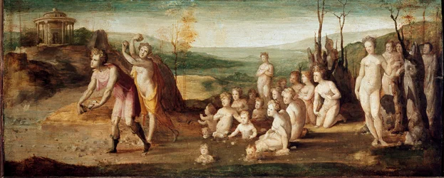 Deukalion ja Pyrrha. Kreikkalaisen mytologian hahmot heittävät vedenpaisumuksen jälkeen kiviä, joista syntyy ihmisiä. Noin 1525-1530. Mitat: 53x134 cm. Italia, Firenze, Horne-säätiö (Firenze, Fondazione H