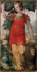 Naishahmo, ehkä Minerva. Domenico Beccafumin (1486-1551) maalaus.