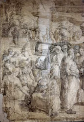 Kertomus Mooseksesta Siinainvuorella: Heprealaiset odottavat Mooseksen paluuta. Sienan katedraalin lattian valmistelupiirros. Taiteilijan elinvuodet: 1486-1551. Italia, Siena, Kansallinen taidegalleria (Siena, Pinacoteca Nazionale).