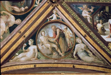 Promethee luo miestä Merkuriuksen katseen alla pitelemässä lehtipuuta ja pitelemässä kypärää ja sandaalien siivet. Domenico Beccafumin fresko (1486-1551)