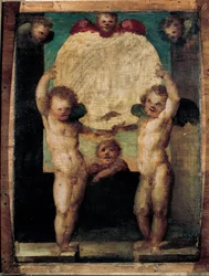Putti reggimedaglione (Enkelit kantavat medaljonkia päänsä päällä). Domenico Beccafumin (1486-1551) maalaus