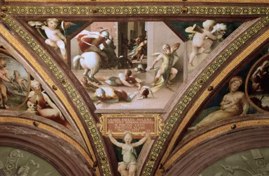 Cato Uticensiksen (Marcus Porcius Cato Uticensis) eli Cato nuoremman (95-46 eaa.) itsemurha. Domenico di Giacomo di Pacen eli Beccafumin (1486-1551) fresko, 1524-1530. Mitat: 100 x 130 cm. Siena (Siena), Palazzo Casini Casuccini