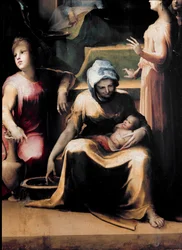 Neitsyt Marian syntymä. Yksityiskohta, jossa palvelijatar on vastasyntyneen kanssa. Taiteilijan elinvuodet: 1486-1551, noin 1540-1543. Mitat: 233x145 cm. Italia, Siena, Kansallinen taidegalleria (Siena, Pinacoteca Nazionale).