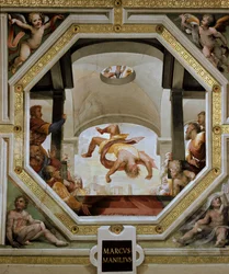 Rooman konsulin Marcus Manlius Capitolinuksen syökseminen Capitoliumin linnoituksesta gallialaisten hyökkäyksen aikana vuonna 390 eKr., 1529-1530, Siena, Palazzo Casini Casuccini