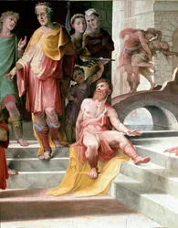 Seleukos de Locresin (Seleucus de Locride) uhri Seleukos sokeuttaa poikansa rangaistakseen häntä raiskauksesta, johon hän oli syyllistynyt, ja kuolee mieluummin toisen silmistään. Domenico di Giacomo di Pace dit Beccafumin (1486-1551) fresko. Yksityiskohta