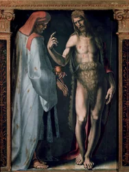 Kolminaisuuden triptyykki, Yksityiskohta vasen paneeli: Saint Cosimo (Tule tai Cosimo) ja Pyhä Johannes Kastaja. Domenico Beccafumin (1486-1551) maalaus
