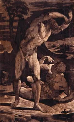 Kaksi miesalastoa maisemassa, n. 1540-80 (kaiverrus ja puupalikka)