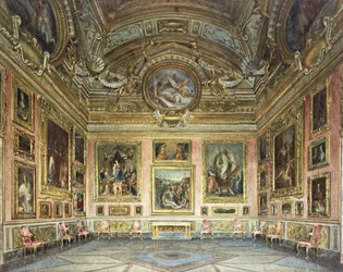 Palazzo Pitti, Firenze: Sala di Saturno ja Peruginon "Valittelu", jota reunustavat Fra Bartolommeon ja Raphaelin maalaukset,