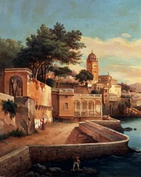 Näkymä Genovaan Palazzo Doria Pamphiljin puutarhasta, kirjoittanut Pasquale Domenico Cambiaso (1811-1894), Italia