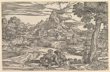Maisema, jossa nainen istuu hurdy-gurdya leikkivän miehen vieressä, n. 1540.
