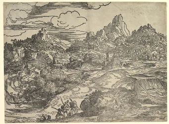 Maisema, jossa perhe kävelee yhdessä etualalla, vasemmalla kaksi hahmoa ..., n. 1535-40.