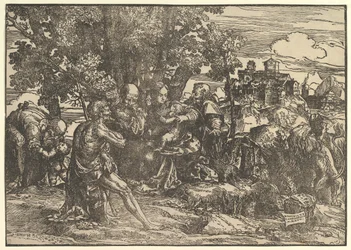 Maria istui puiden alla vauvan kanssa, jota reunustavat Joosef vasemmalla ja Pyhä Hieronymus oikealla, St..., 1517.