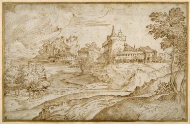 Vuoristoinen maisema, jossa on castello ja muita rakennuksia joen varrella; mies kiirehtii naista, oikealla, n. 1540 (kynä ja ruskea muste valkoisella paperilla)