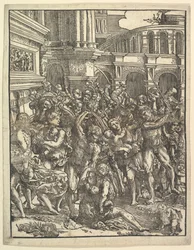 Syyttömien verilöyly oikealla puolella, jossa joukko mieshahmoja hyökkää naisia ja ..., 1517.