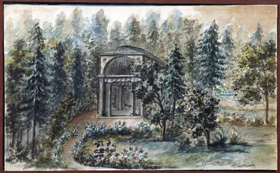 Paviljonki keisarinna Maria Fedorovnan sisaren Frederican muistoksi Pavlovskissa - Domenico Felice Lamoni (1745-1830). Akvarelli ja valkoinen väri paperille, jälkeen
