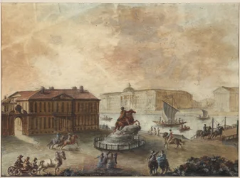 Pietari Suuren ratsastuspatsas Senaatin aukiolla (place de Senat, place des decembristes ouplace de Pierre) - Domenico Felice Lamoni (1745-1830). Akvarelli ja valkoinen väri paperille, vuoden 1782 jälkeen. Pietarin valtionhistoriallinen museo