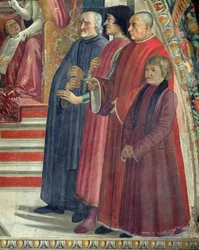Yksityiskohta Pyhästä Franciscussta saamassa ritarikunnan sääntöä paavi Honoriuselta, kohtaus Pyhän Franciscus Assisilaisen elämän syklistä, 1486 (85235:n yksityiskohta)