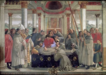 Pyhän Franciscuksen kuolema, kohtaus Assisin pyhän Franciscuksen elämää kuvaavasta kuvasarjasta, 1486