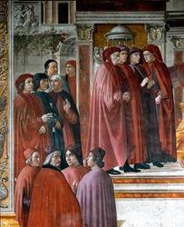 Sakariassa (Zaccharia) tehty ilmoitus Alla vasemmalla ovat ajattelijat ja älymystöt Marsile Ficin (Ficino), Cristoforo Landino, Angelo Poliziano ja Demetrios Chalkondyles (Calcondila). Yksityiskohta. Fresko Domenico di Tommaso Bigordi dit Ghirlandaio (14