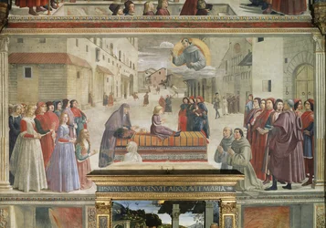 Eloon herätetyn pojan ihme, kohtaus pyhän Franciscus Assisilaisen elämänkulkusarjasta, 1486 fresko, yksityiskohta 52660:stä.
