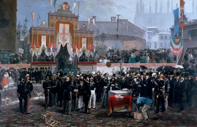 Galleria Victor Emmanuel II:n peruskiven muurausseremonia Milanossa, 7. maaliskuuta